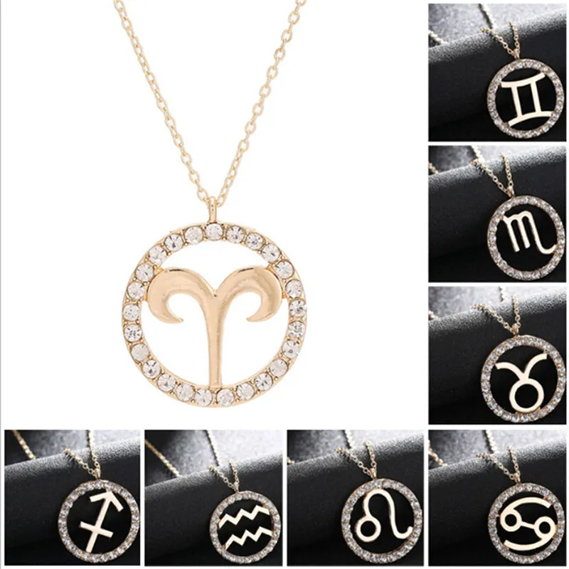 12 Zodiac Constellation Necklace Cadeia de Ouro Virgo Libra Escorpião Sagitário Capricórnio Círculo Círculo Diamante Pingente Presente Jóias Para As Mulheres