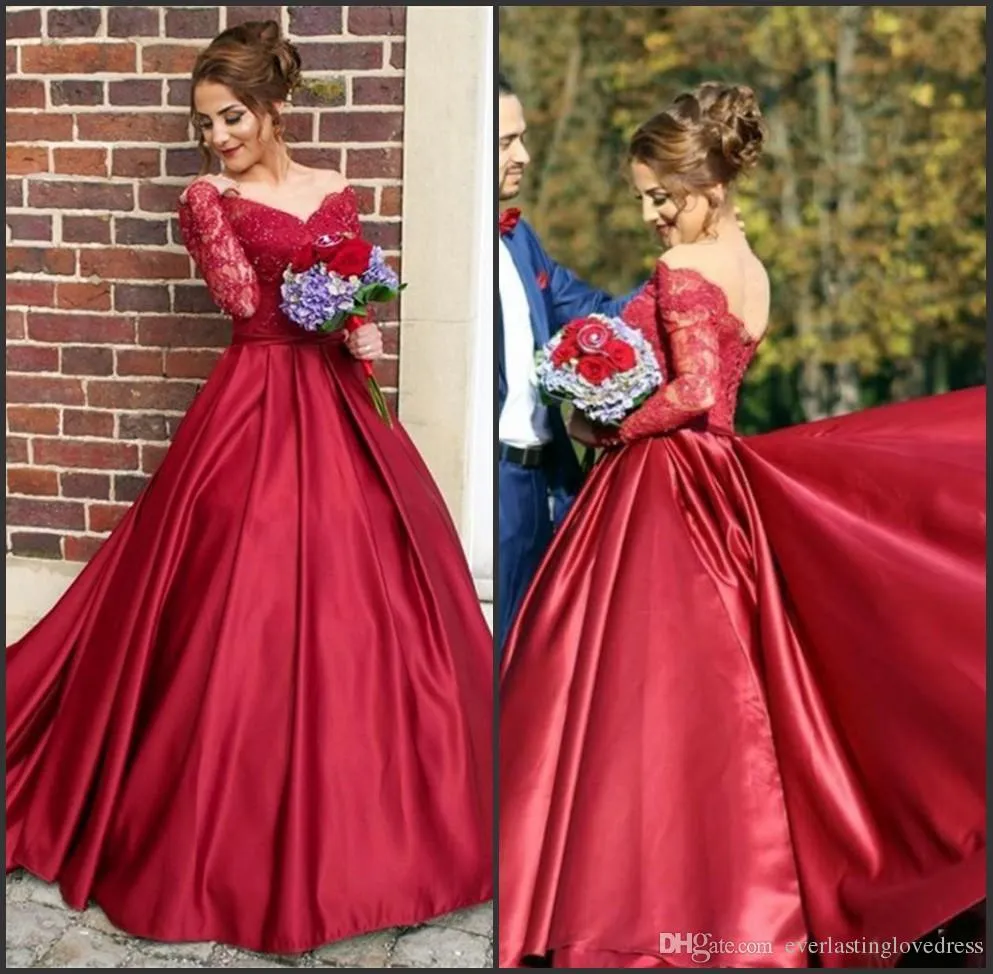 Satin Sexy Amazing Red Wedding Dresses V Neck Off The Shoulder With Long Lace Sleeves Floor Length Bridal Gowns Robe De Mariee Princesse