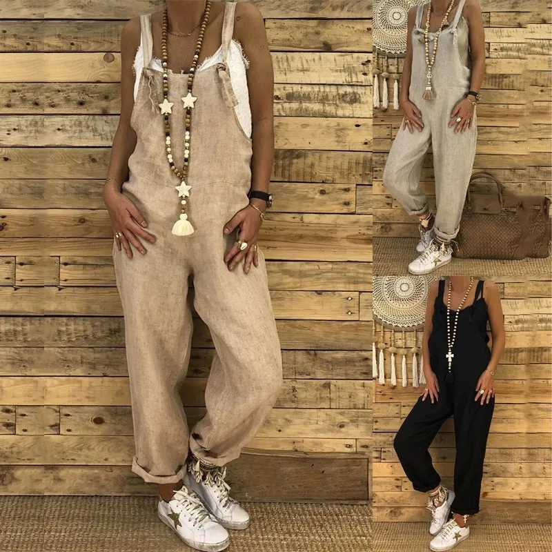 ärmlösa jumpsuits med rem för kvinnor Casual Solid Strappy Dungarees Vintage Bomull Linne Lös Fest Lång Harem Overall Byxor