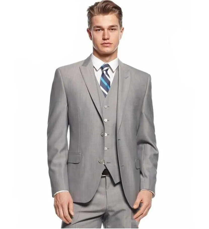 Wysokiej jakości Dwa przyciski Light Grey Wedding Groom Tuxedos Peak Lapel Groomsmen Mężczyźni Formalne Prom Garnitury (Kurtka + Spodnie + Kamizelka + Krawat) W125
