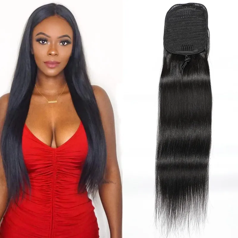 Indian 100% Human Hair Ponytails Straight Mink Hair Extensions 100g Silky Straight 8-24inch Ponytails Natural Black