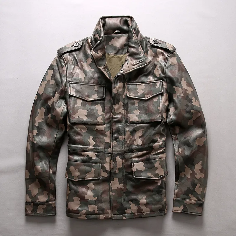 2019 men's fashion Camouflage M65 genuine leather jacket safari style slim fit sheepskin motorcycle leather coat men