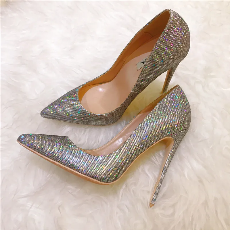 fashion Women pumps silver glitter point toe bride wedding shoes high heels genuine leather real photo 12cm 10cm brand new