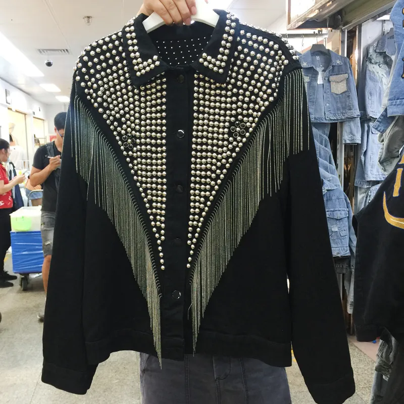 [EWQ] Motor Storm Long Sleeve Diamonds Studded Tassel Plus Sizer Denim Jacket Korean Long Sleeve Black Ladies Coats QL148