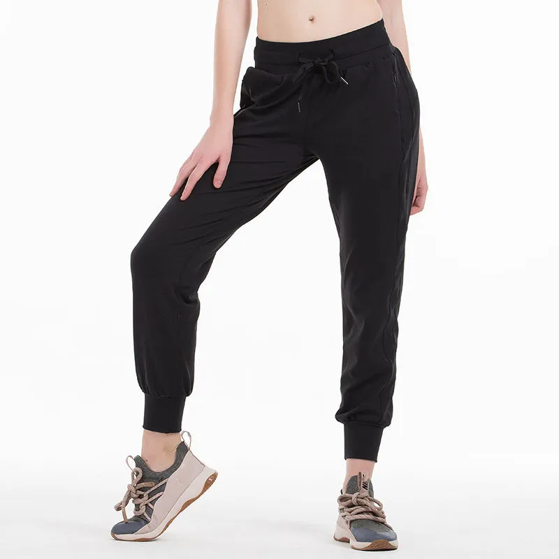 Naked Feel Fabric Yoga Workout Sport Joggers Pants Women Waist Drawstring Fiess Running Sweat Trousers with Two Side Pocket Style