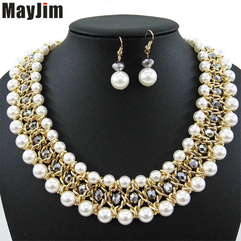 Statement 2018 New Fashion indian bridal big Simulated pearl Jewelry Sets bead Gold Chain Necklace Earring Women Wedding Jewelry