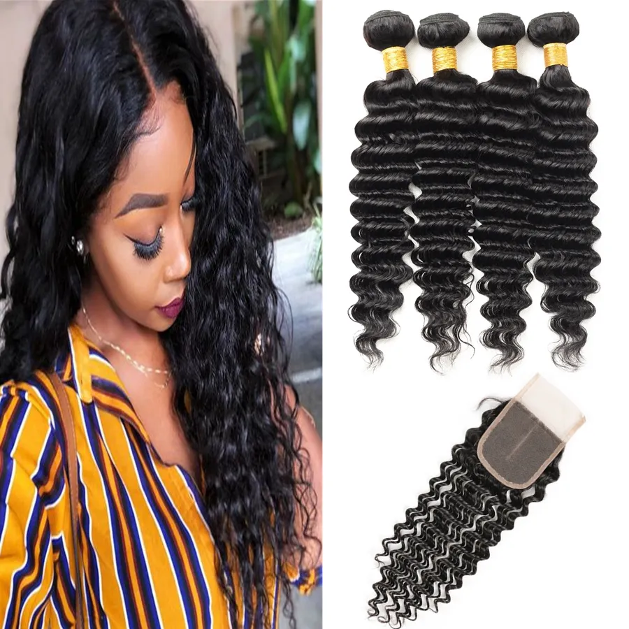 Bundles de cheveux humains indiens à vague profonde avec fermeture Cheveux péruviens 4Bundles avec fermeture à lacet Extensions de cheveux à vague profonde