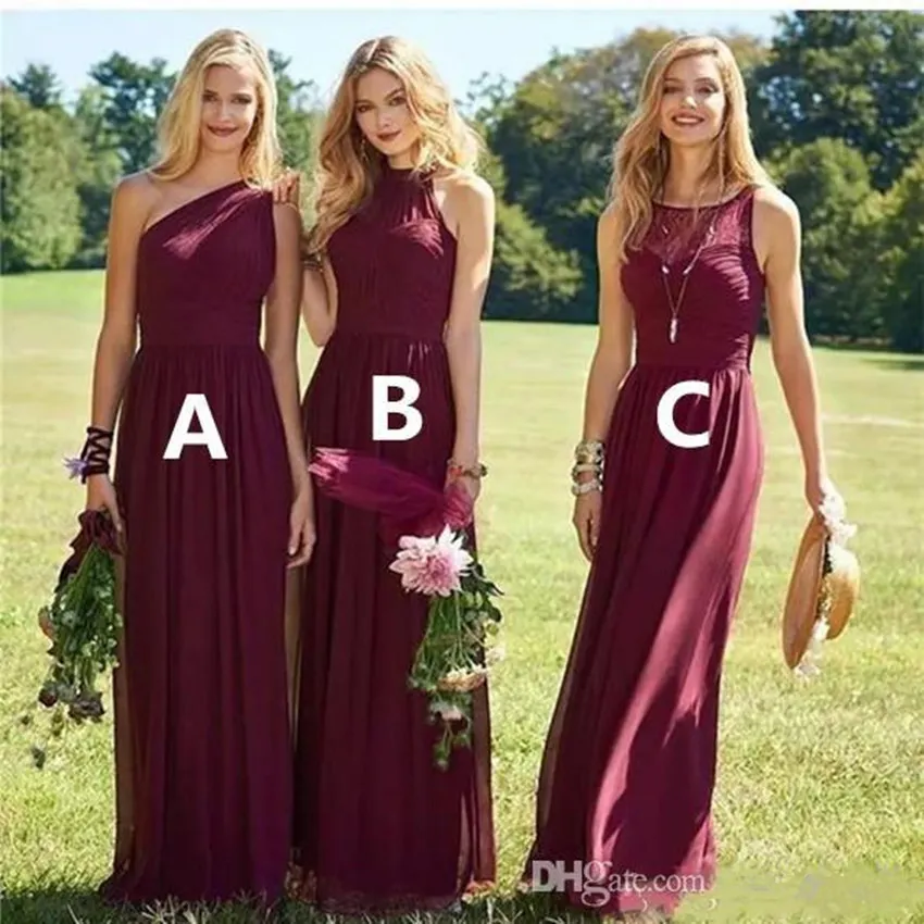 Nya Burgandy Garden Bridesmaid klänningar en linje en axelgolvlängd Chiffong brudtärna klänningar plus bröllopsgästklänningar