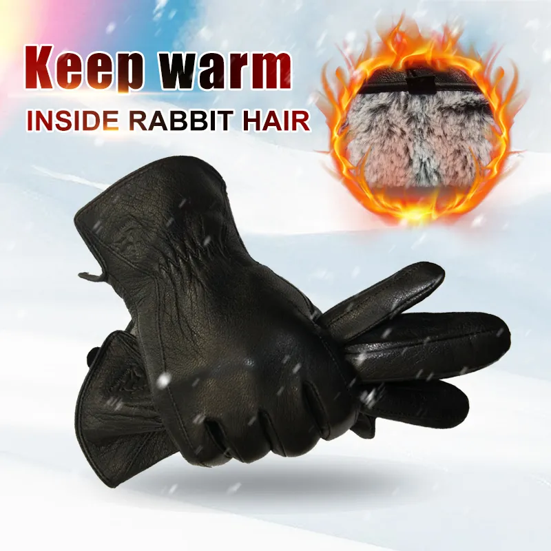 2018 New Winter man deer skin leather gloves male warm soft men s glove black three lines design men mittens sheep hair lining Y200110