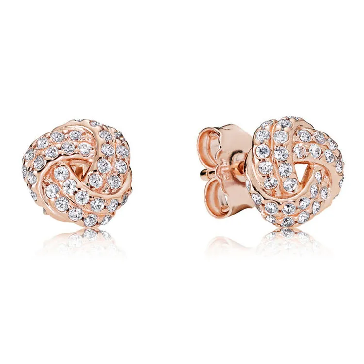 18K Rose Gold knot Stud Earring Original box for Pandora 925 Silver Crystal CZ Diamond Earrings Set for Women Wedding Gift