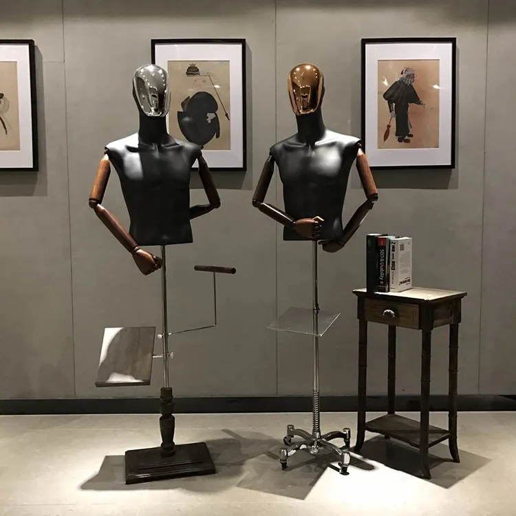 Människans elektropläterade ansikte Solid Trä Handstand Mannequin Halvkroppsledande Flödesbord Lyft Modell Shop Fönster Display Klädmodell