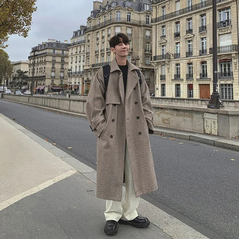 Winter Long Woolen Coat Mens Fashion Solid Color Casual Long