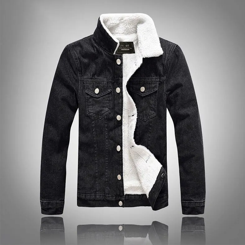 hot sell new Men's winter thick denim jacket Black slim thick lamb fleece coat free shipping size M-5XL