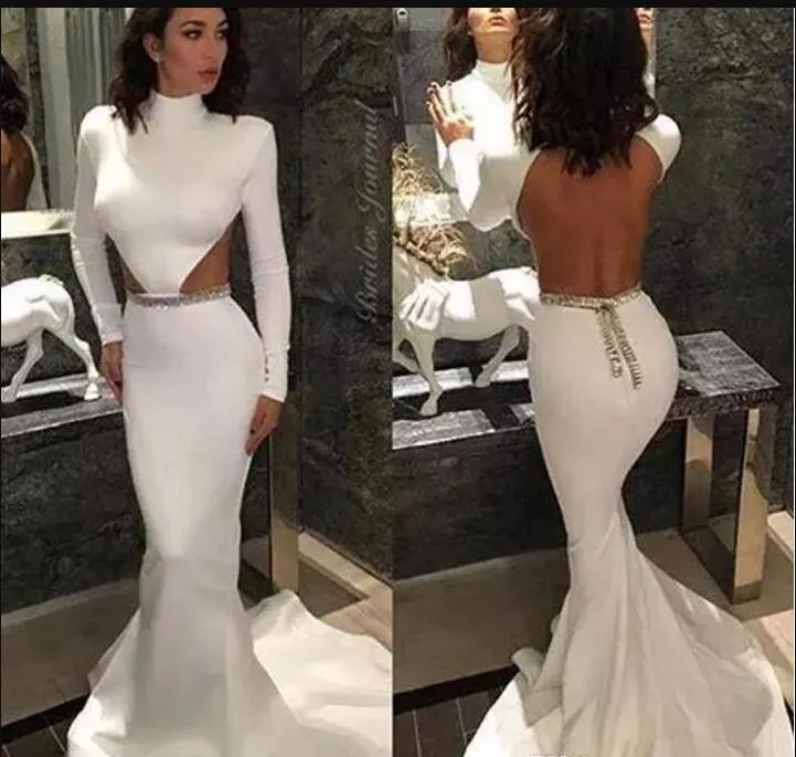 Białe Długie Rękawy Mermaid Prom Dresses Backless 2019 Zroszony Pasek Wysoki Neck Cut Out Waist Suknie Wieczorowe Formalne Dresses Vestidos
