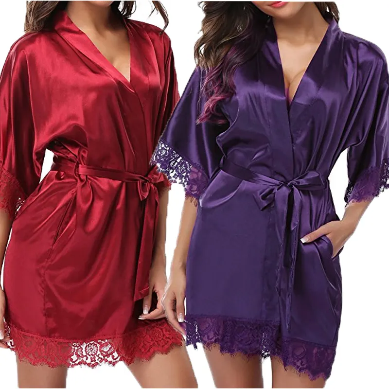 Sexy femmes dames Robes de mariée Robe Kimono Satin soie dentelle Robe de nuit Robe vêtements de nuit