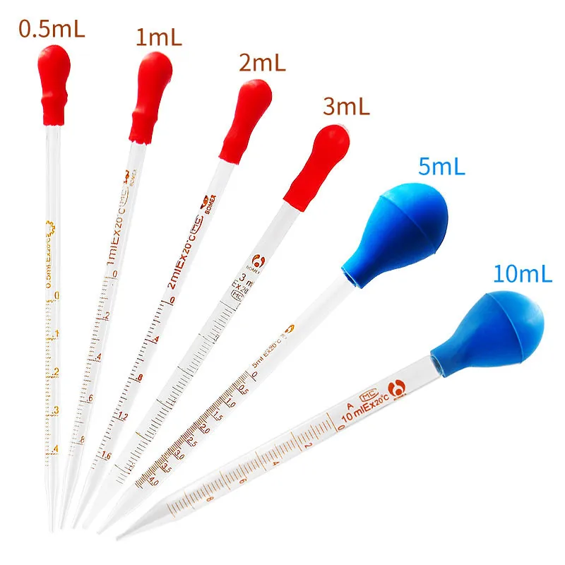 10pcs / PcakThick Lab Supplies Glass Graduated Dropper Pipettes Silicone Rubber Caps 1ml 2ml 5ml 10ml