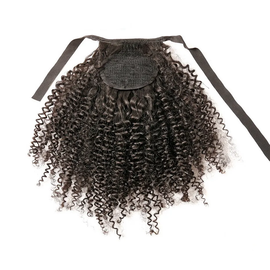 Korte Afro Kinky Krullend Haar Updo Lint Menselijk Haar Trekkoord Hoge Bladerdeeg Paardenstaart Haarverlenging Afro-broodje voor natuurlijke Remy-120G Donkerbruin