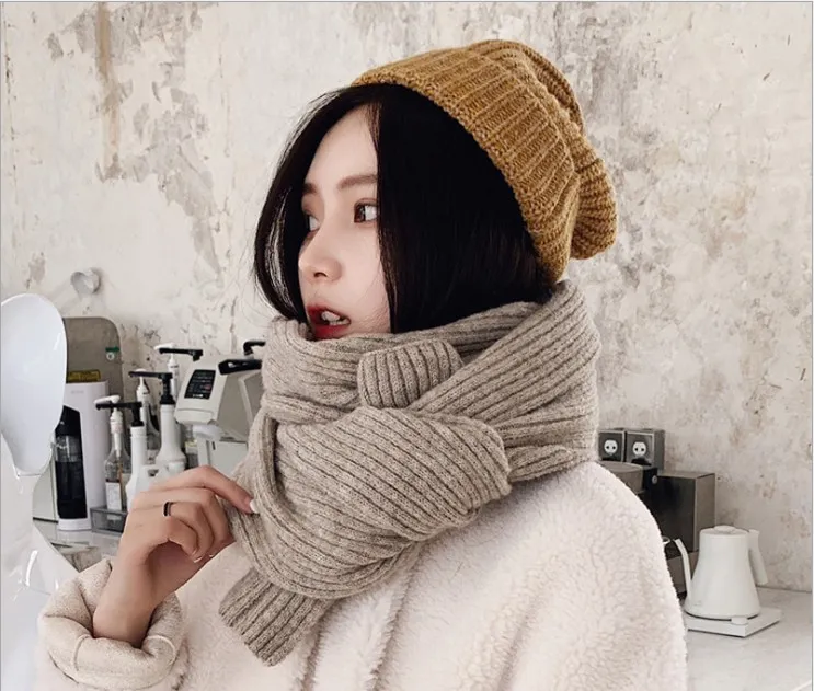 Luxury-Scarf Girl Höst och Vinter Joker Solid Färg Strikkad Scarf Koreansk Stickning Garn Japansk Små Frisk Vinter Varm Scarf