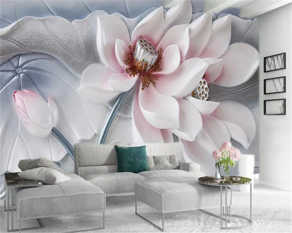 Custom 3d Flower Wallpaper HD 3D Relief tredimensionell rosa lotus anpassade romantiska vardagsrum sovrum vackert tapeter