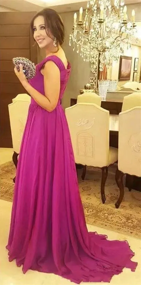 New Fuchsia Simple Cheap Mother of bride Dresses Chiffon Draped Sweep Train Plus Size Cap Sleeve Wedding Guest Dress Formal Mother245W