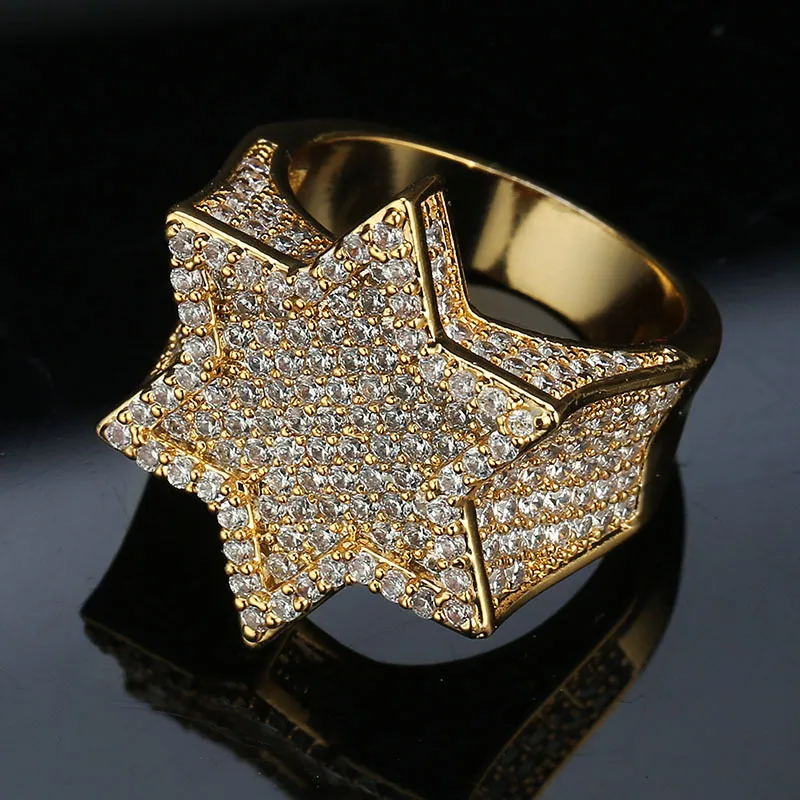 Äkta guld Vitguldpläterad Mintgrön Iced Out Cubic Zirconia Hexagonal Star Finger Band Ring Bling Diamond Street Rapper Ring Smycken