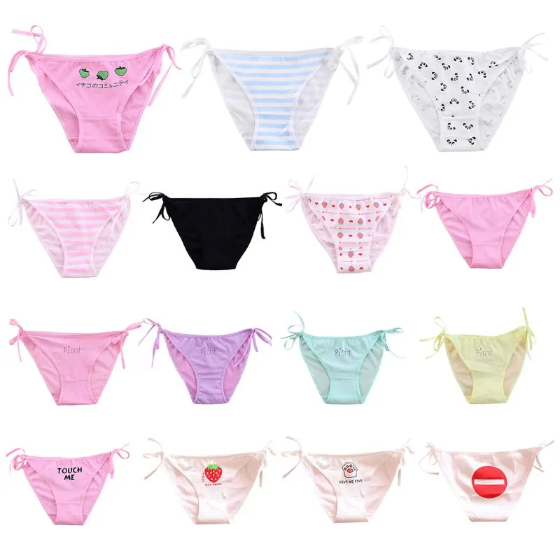 Womens Sexy Side Tie High Cut Underwear Cartoon Fruit Funny Words