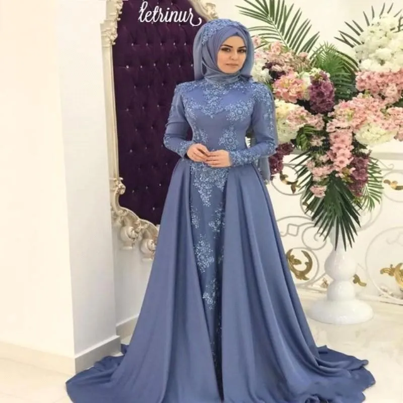 Vintage arabische saudische muslimische Abendkleider mit Stehkragen, Hijab, Spitzenapplikationen, Party-Promi-Kleider, Abschlussballkleid mit abnehmbarem Rock BC0549