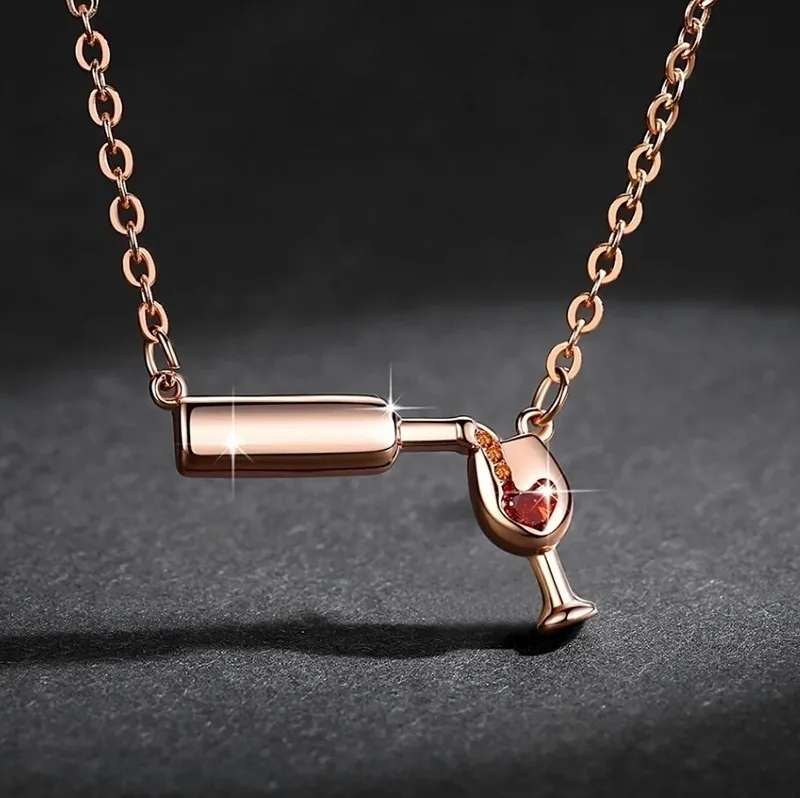 White Gold Filled Wine Glass Pendant Necklace Ladies Wine Beer Bottle Necklaces Silver, Gold