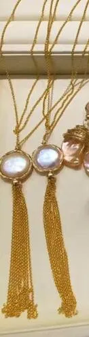 Envío Gratis nobile naturale della gioia blanco rosa barroco Japón perla moneda collare colgante largo DE ORO 9 K