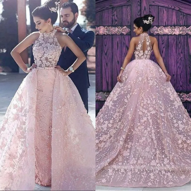High Neck Pink Pink Lace Prom Dress With Detachable Train Lace Appliques Sleeveless Design Sweep Train Back And Hollow Cocktail Party Gown From Xzy1984316 201.01 DHgate.Com