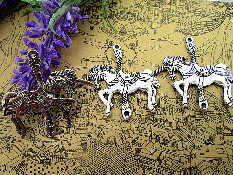 18pcs--Carousel Horse Charms, Antique Tibetan Silver Tone Huge Unicorn Trojan Horse Connector Link Charm Pendant 45x43mm