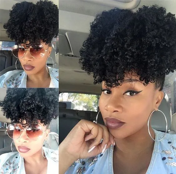 High Puff Afro Ponytail Drawstring With Kinky Curly Bangs Short