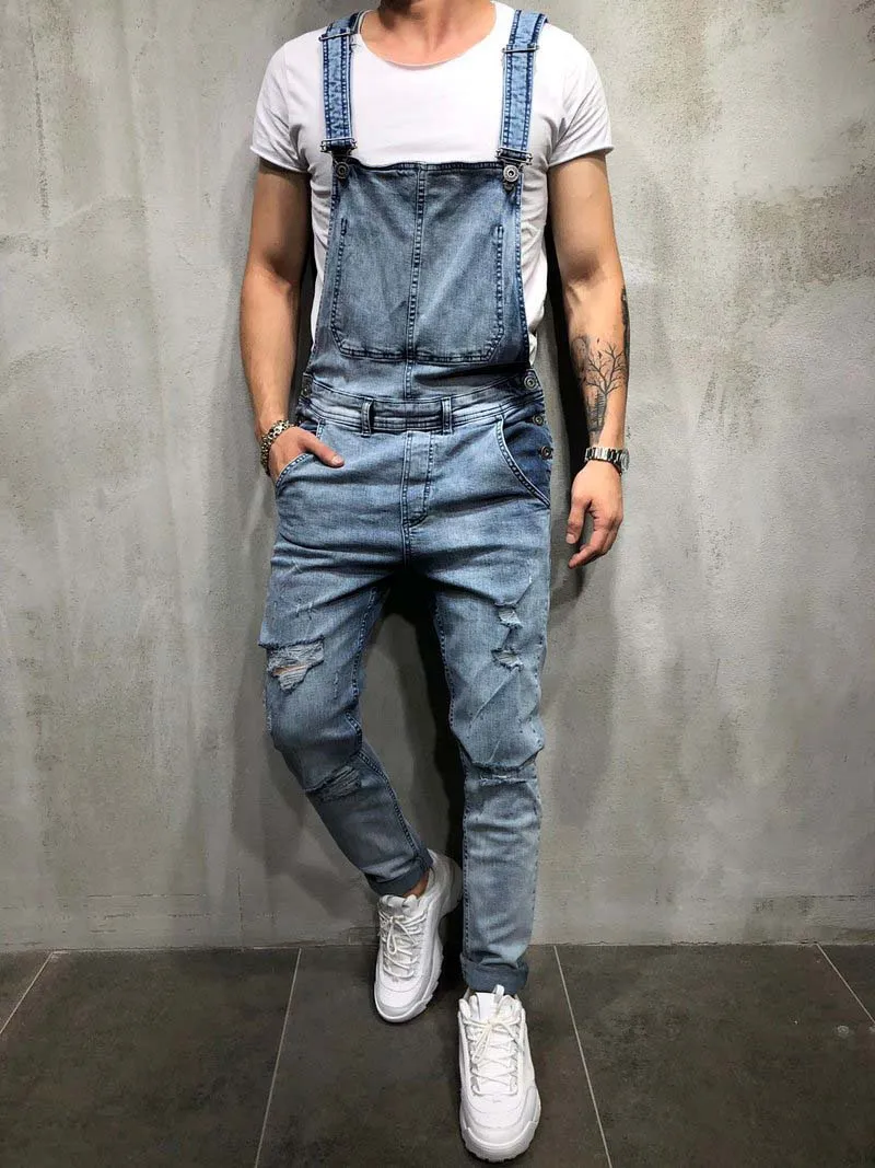 Mens Distressed Denim Overalls with Belt - Casual Ripped Jean Jumpsuits Hole Detail Biker Style Bib