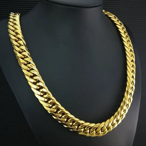 16mm width Heavy mens 316L Stainless Steel All polished Gold or Silver tone One-Piece No Buckle chain necklace N342