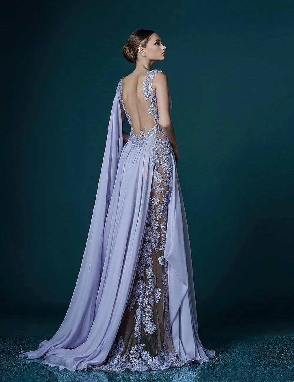 mermaid applique long prom dress backless evening dress Customizable Deep V-neck Lace lavender with Sheer Neckline and and a flared skirt Linen_dress Open Tie Back Dress Size:38DD