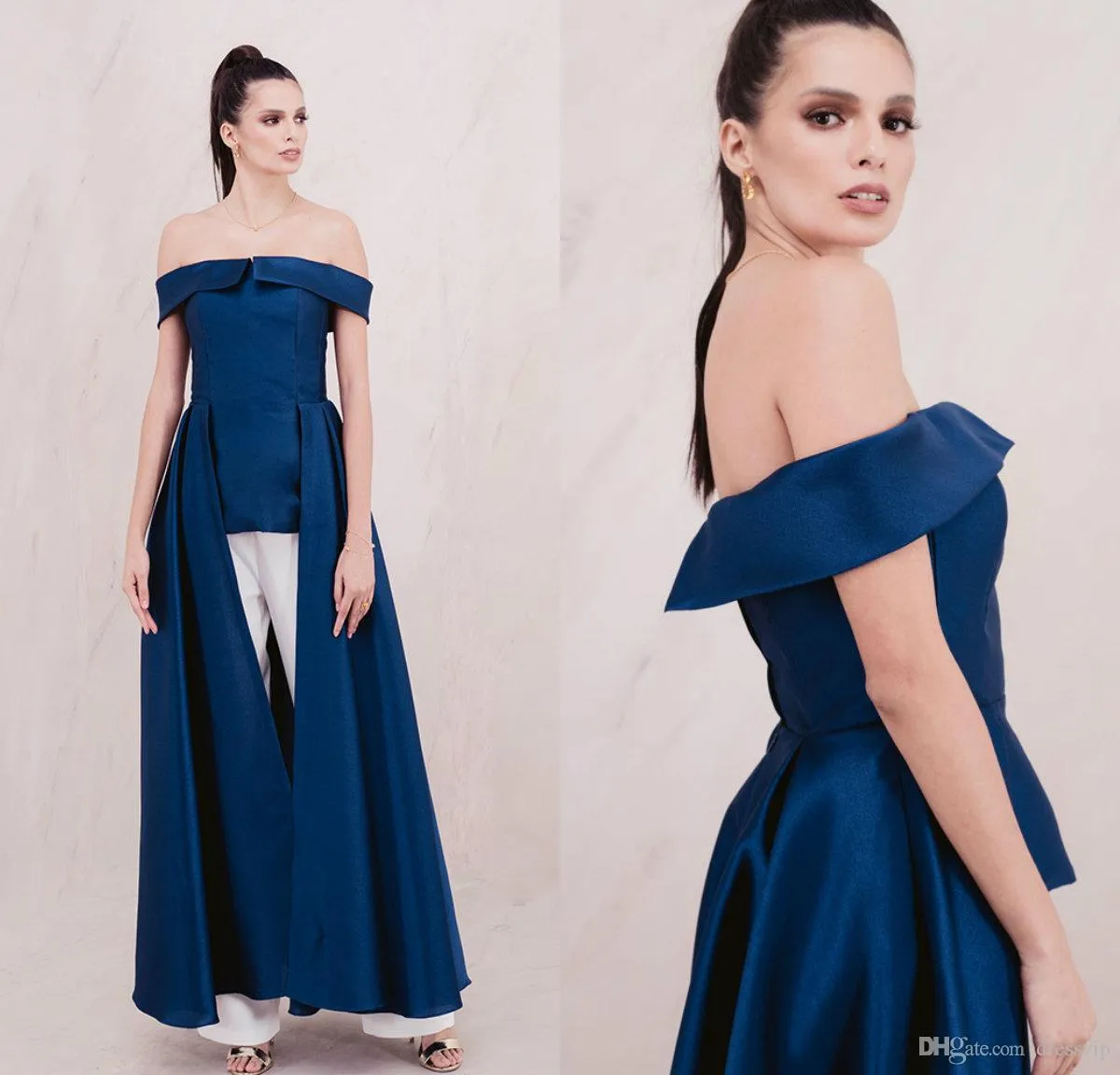 Elie Saab Royal Blue Sexy Комбинезон Вечерние платья плеча Pleats Sweep Поезд Пром платье партии Формальные Комбинезоны Vestidos Festa