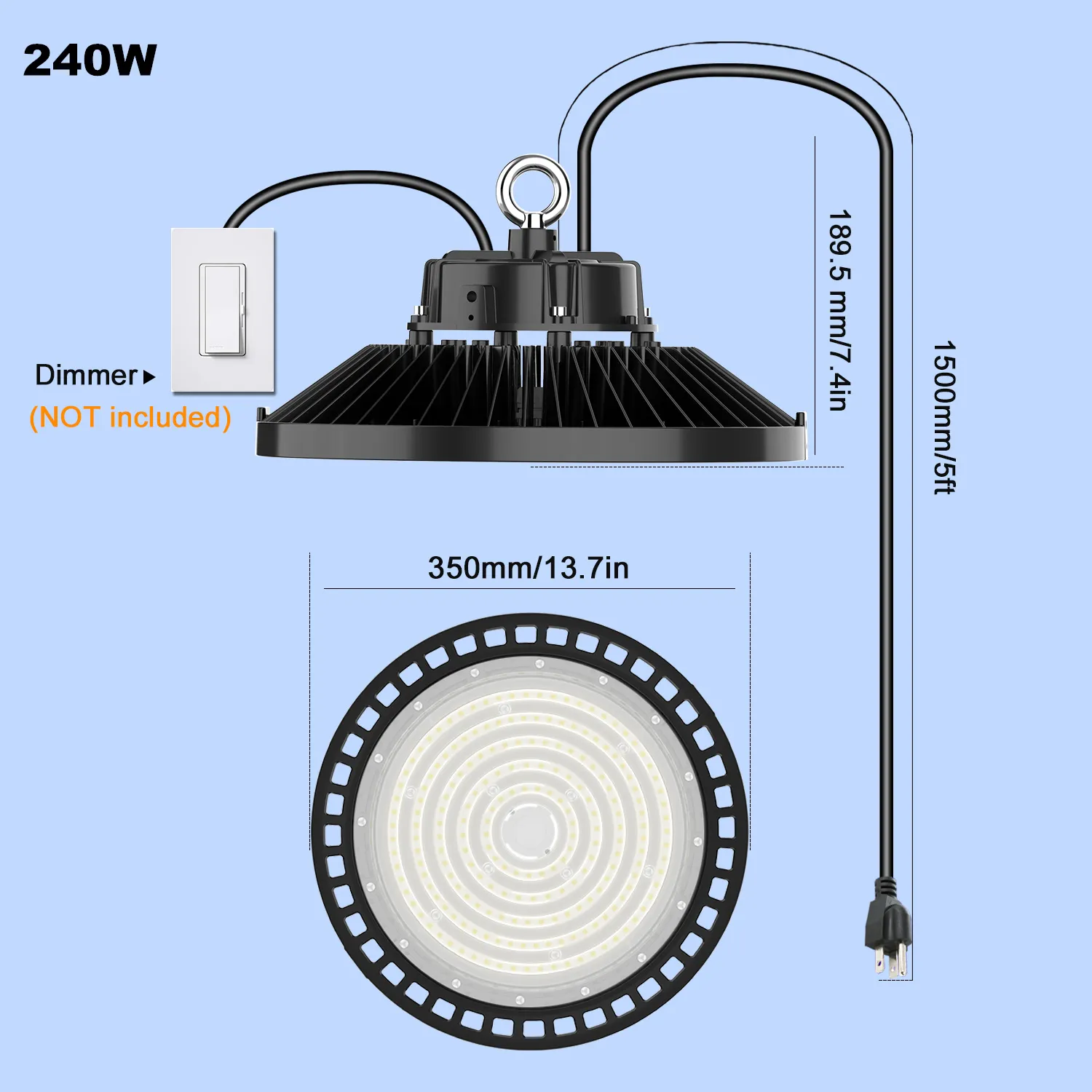 Dimmable High Bay 150W LED High Bay Light - 22500 Lumens UFO Shop Light For Warehouse, 5000K Dimmable ETL Listed 5000K Dimmable High Bay