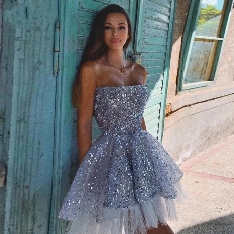 Bling Bling Sequined Tulle Ny Prom Pageant Klänningar Strapless Open Back Short Homecoming Dress Special Occasion Girls Graduation Party Gowns