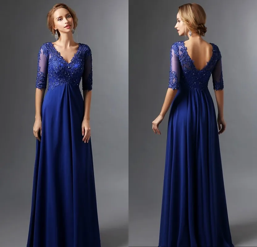 Royal Blue Długie Kobiety Matka panny Młodej Dresy Dress z Rękawami V Neck Szyfonowe Aplikacje Zroszony Backless Elegancki Wieczór Suknie Formalne