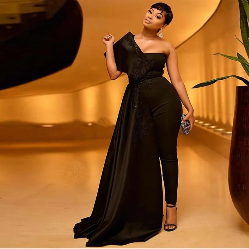 En axel svart jumpsuit aftonklänningar spets applikation paljett ankel längd outfit prom klänning satin plus size evenemang slitage