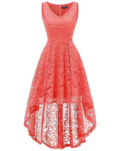 BridesMay Women Vintage High Low Ärmlös Floral Lace Cocktail Party Swing Dress