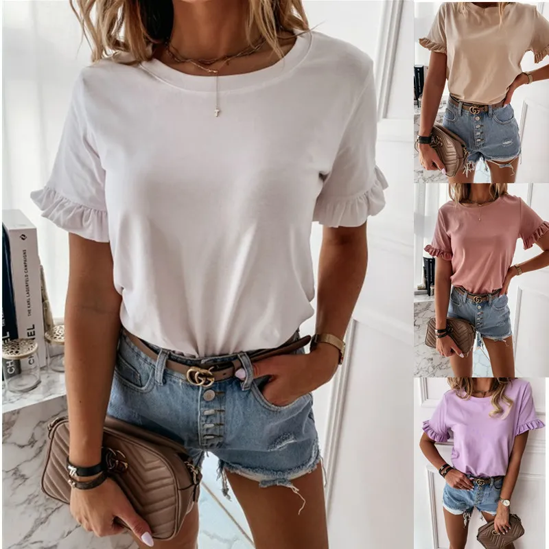 Kvinnor Mode T Shirts Ruffle Short Sleeve Solid Tee för sommaren 4 färger Crewneck Casual T Shirts