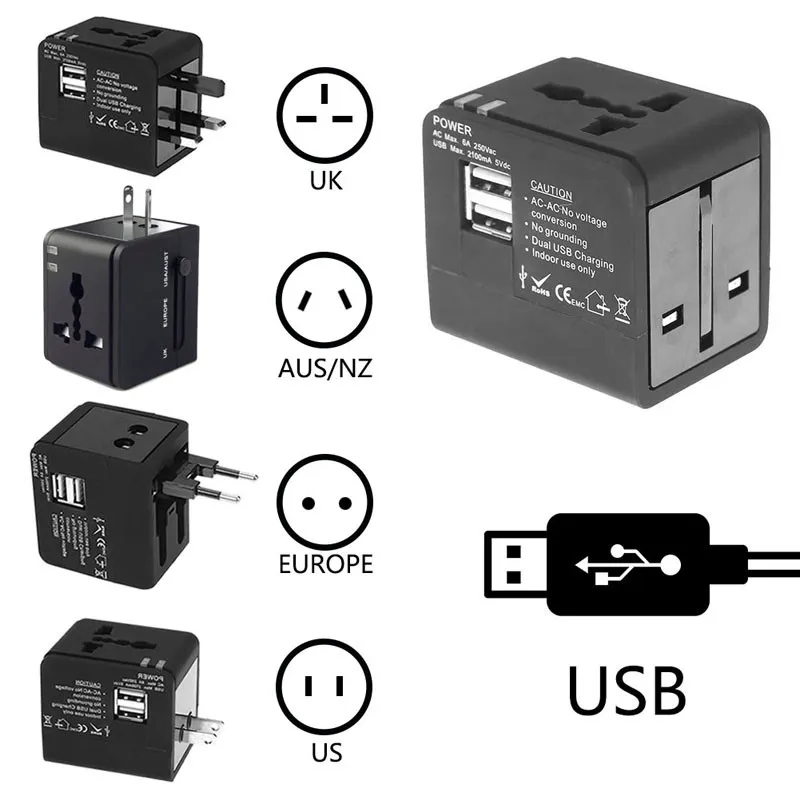 International Travel Adapter Universal Power Adapters Plug Converter Worldwide All in One with 2 USB Ports Perfect for US EU UK AUS