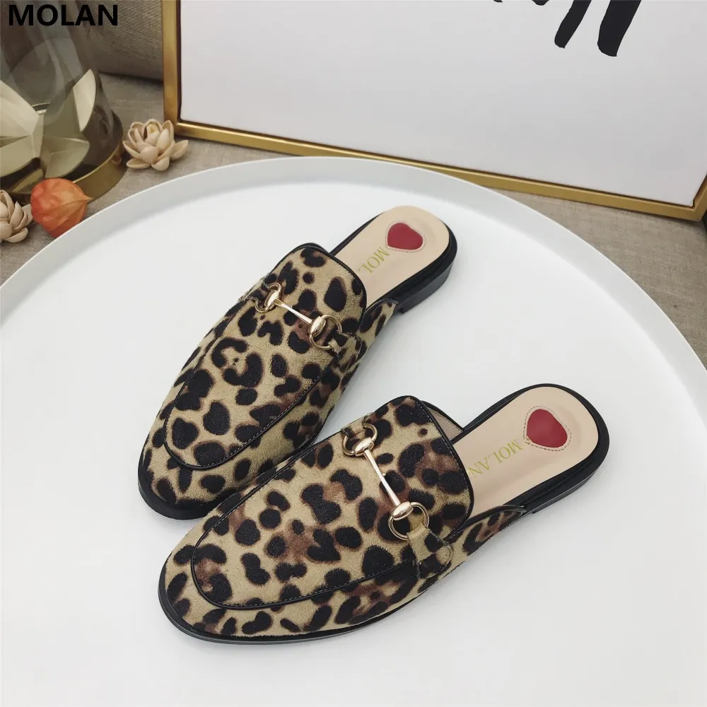 MOLAN marque Designers 35-40 Sexy léopard chaîne en métal bout rond plat troupeau pantoufles femme chaussures sans lacet mocassins Mules tongs
