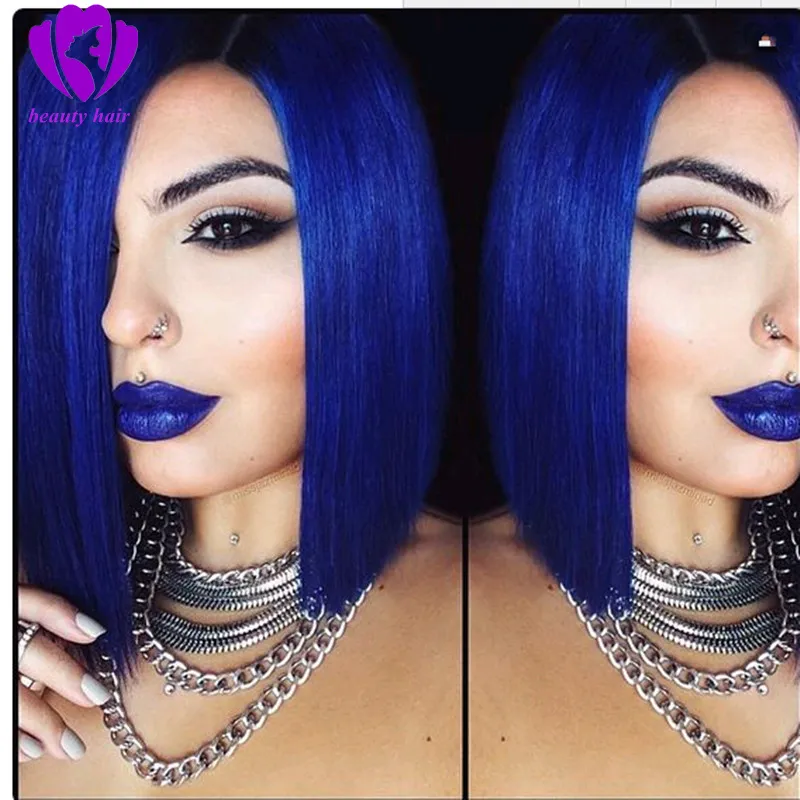 Blue Wig With Baby Hair: Short Bob, Natural Straight 12 Inch  display picture 2