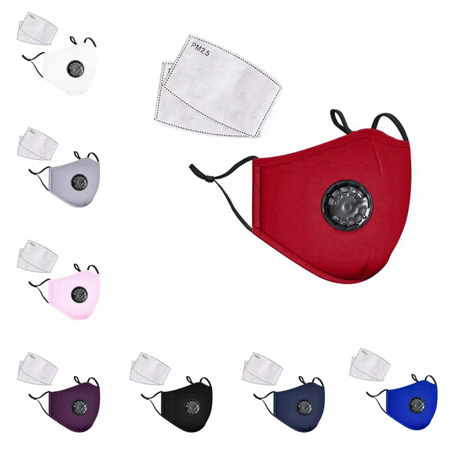 Fashion Unisex Bomulls ansiktsmasker med andningsventil PM2.5 Mouth Designer Mask Anti-damm återanvändbar tyg MSSK med 2 filter inuti RRA3070