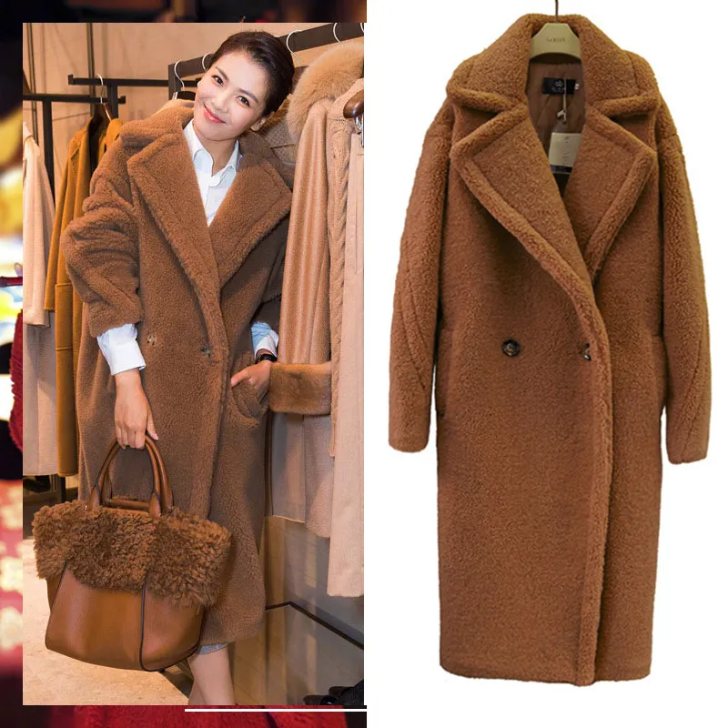 Teddy Bear Overcoat Faux Fur Coat Winter Thick Warm Sheepskin Coat For Women Long Pockets Plus Size Female Plush Outwear