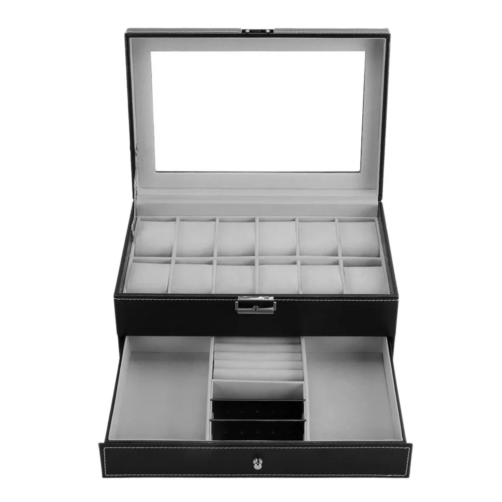 Professionnel 12 grilles fentes montres boîte de rangement en cuir PU double couches montre porte-bijoux noir marron boîte de cercueil 2019212t