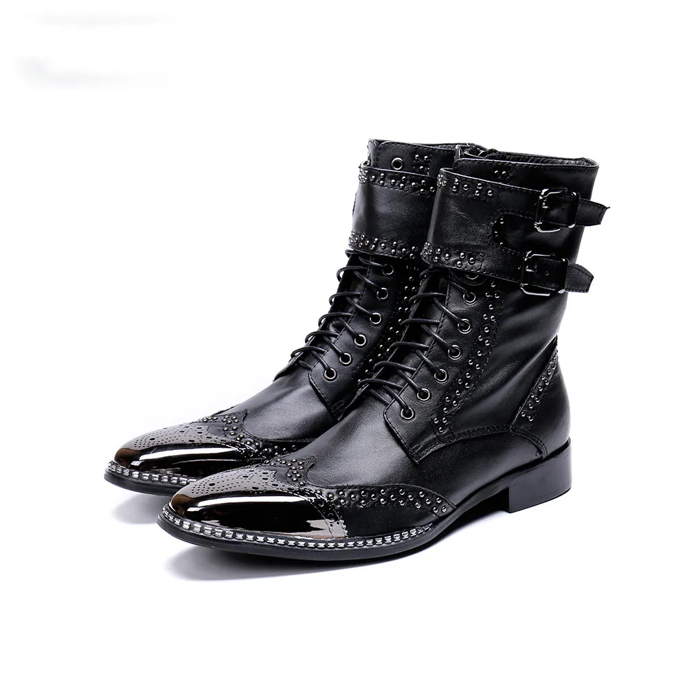 Новый Мужская обувь острым металлическим наконечником рыцарь загрузки мужчины zapatos de hombre черный натуральная кожа боевые сапоги мужчины