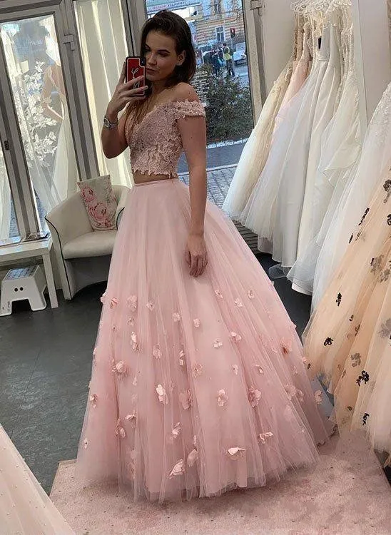 Nieuwe sexy twee stukken prom dresses off schouder kant applicaties 3D bloemen bloemen lange avondjurk dragen tule baljurk formele feestjurken